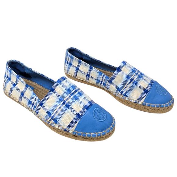 Tory Burch Blue Plaid Leather Color Block Espadrille Flats Slip On 8.5 - Picture 4 of 5